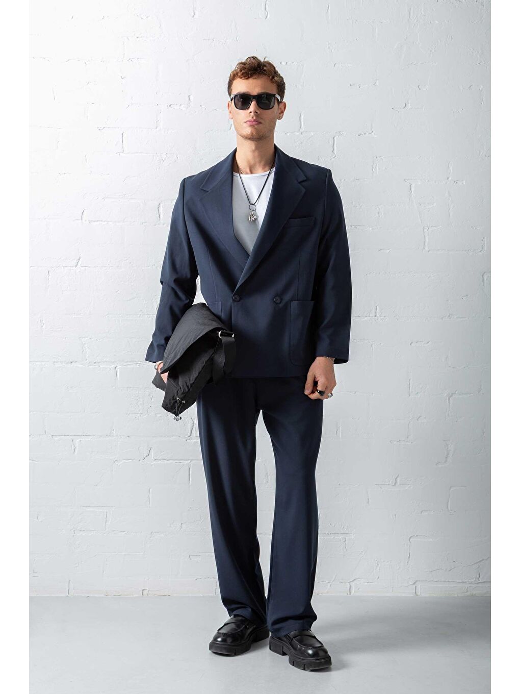 Erkek Kruvaze Düğmeli Oversize Takım Elbise Lacivert-1