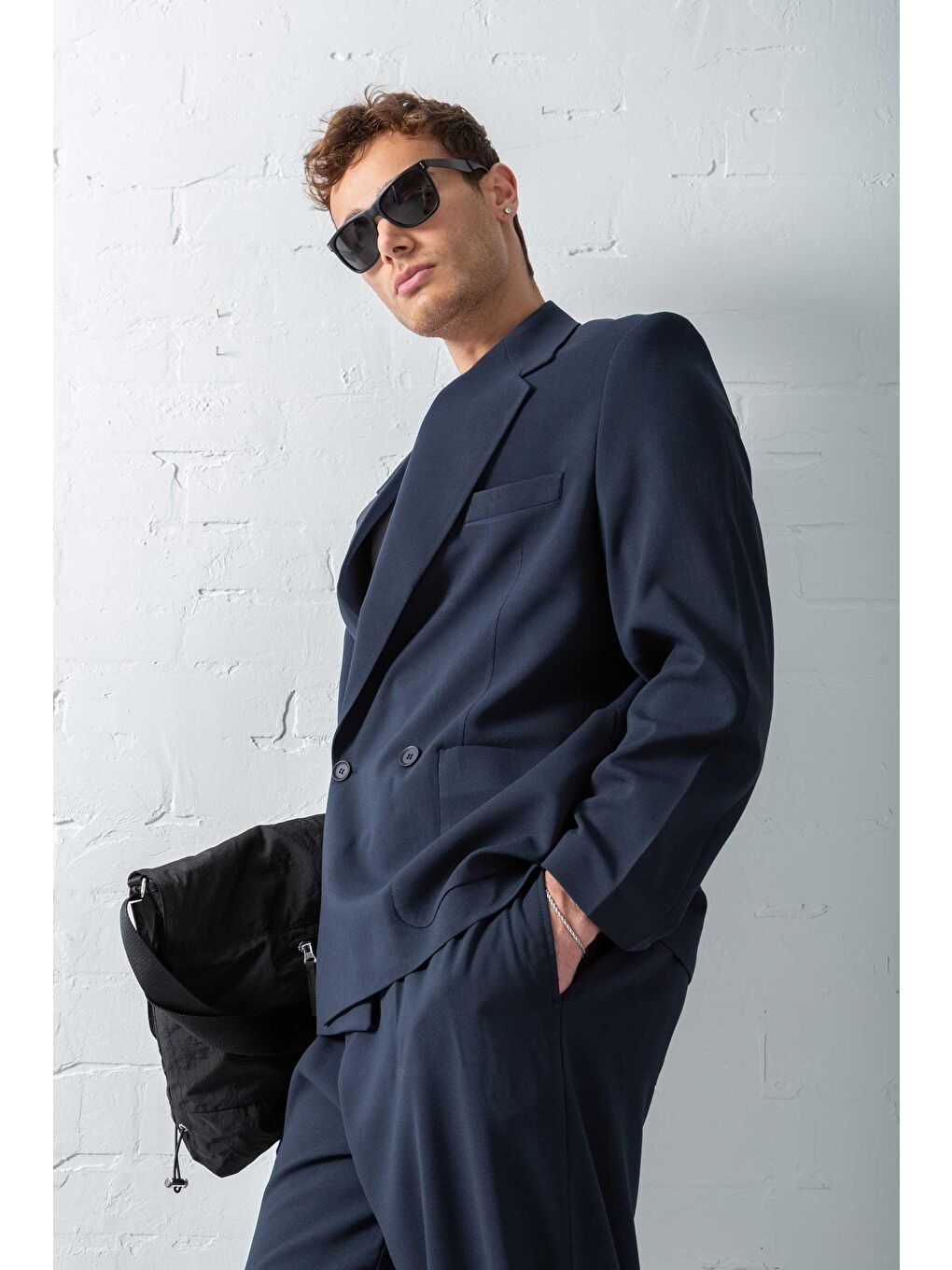 Erkek Kruvaze Düğmeli Oversize Takım Elbise Lacivert-2