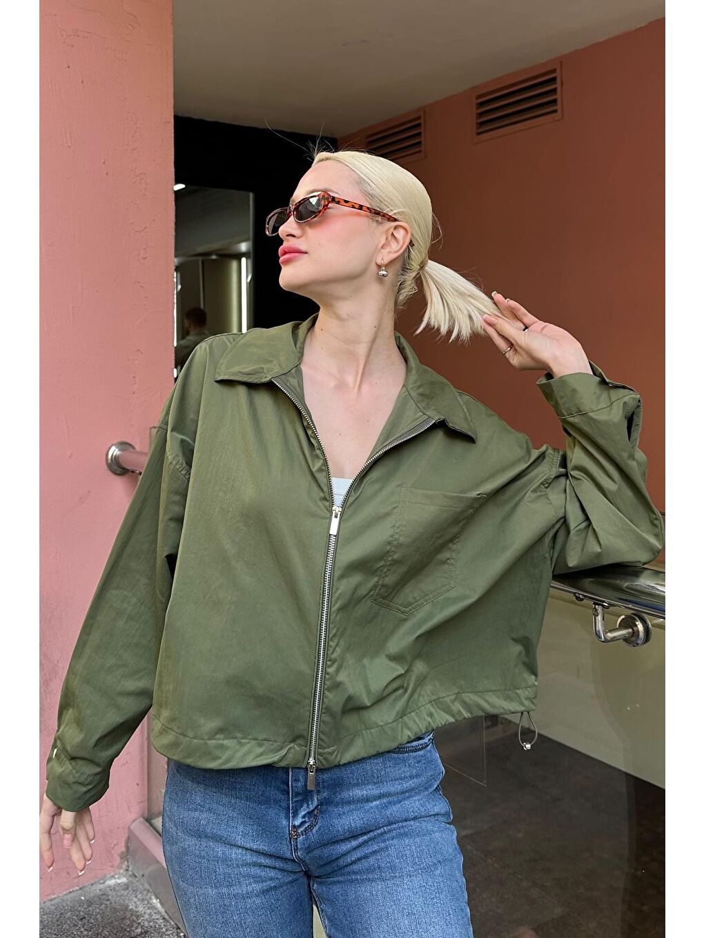 Haki Fermuarlı Cep Detaylı Oversize Kadın Ceket Mg2188-2