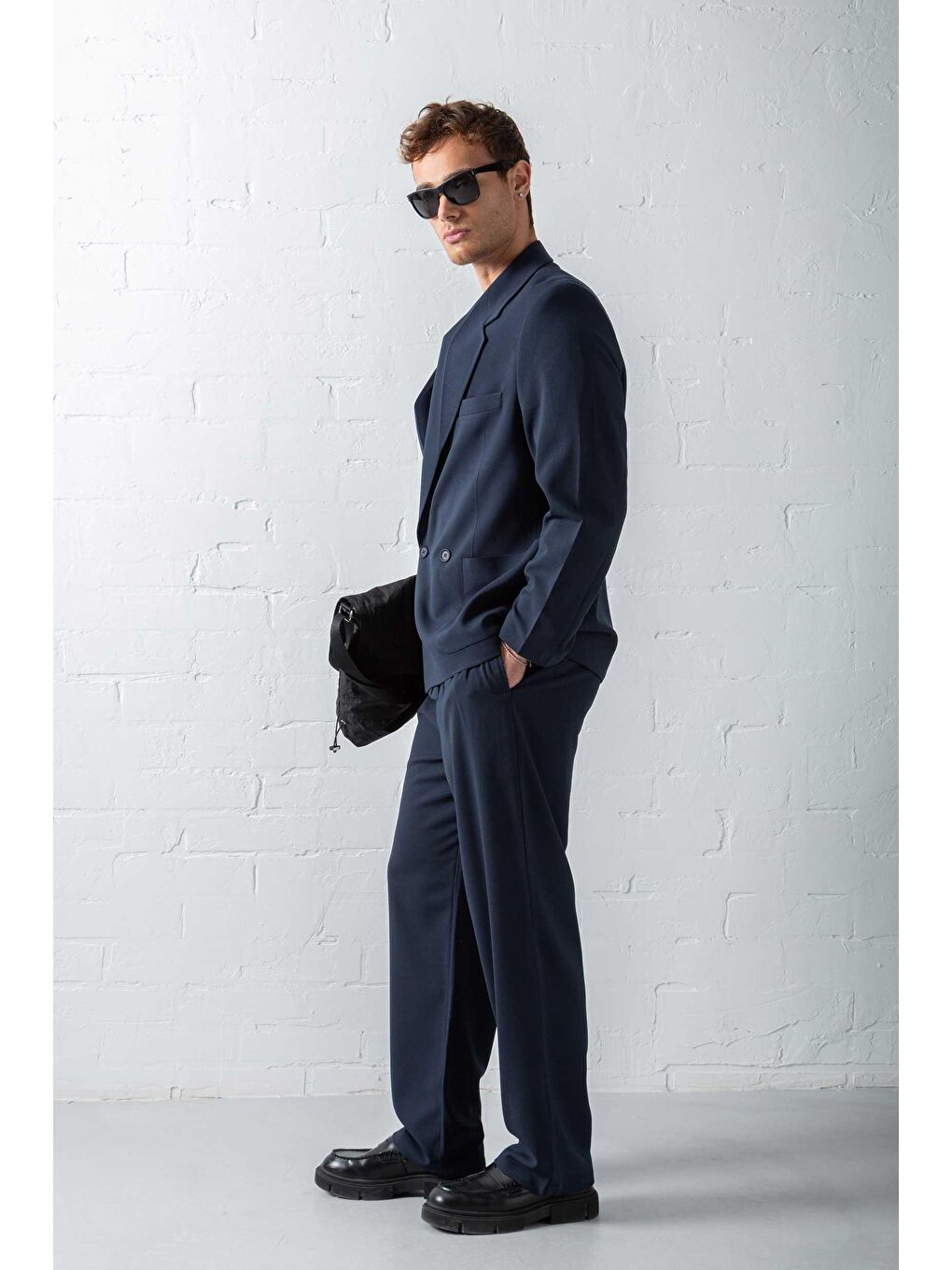 Erkek Kruvaze Düğmeli Oversize Takım Elbise Lacivert-3