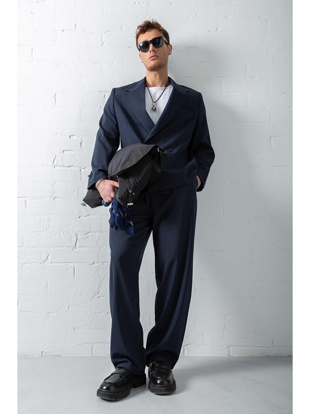 Erkek Kruvaze Düğmeli Oversize Takım Elbise Lacivert-5