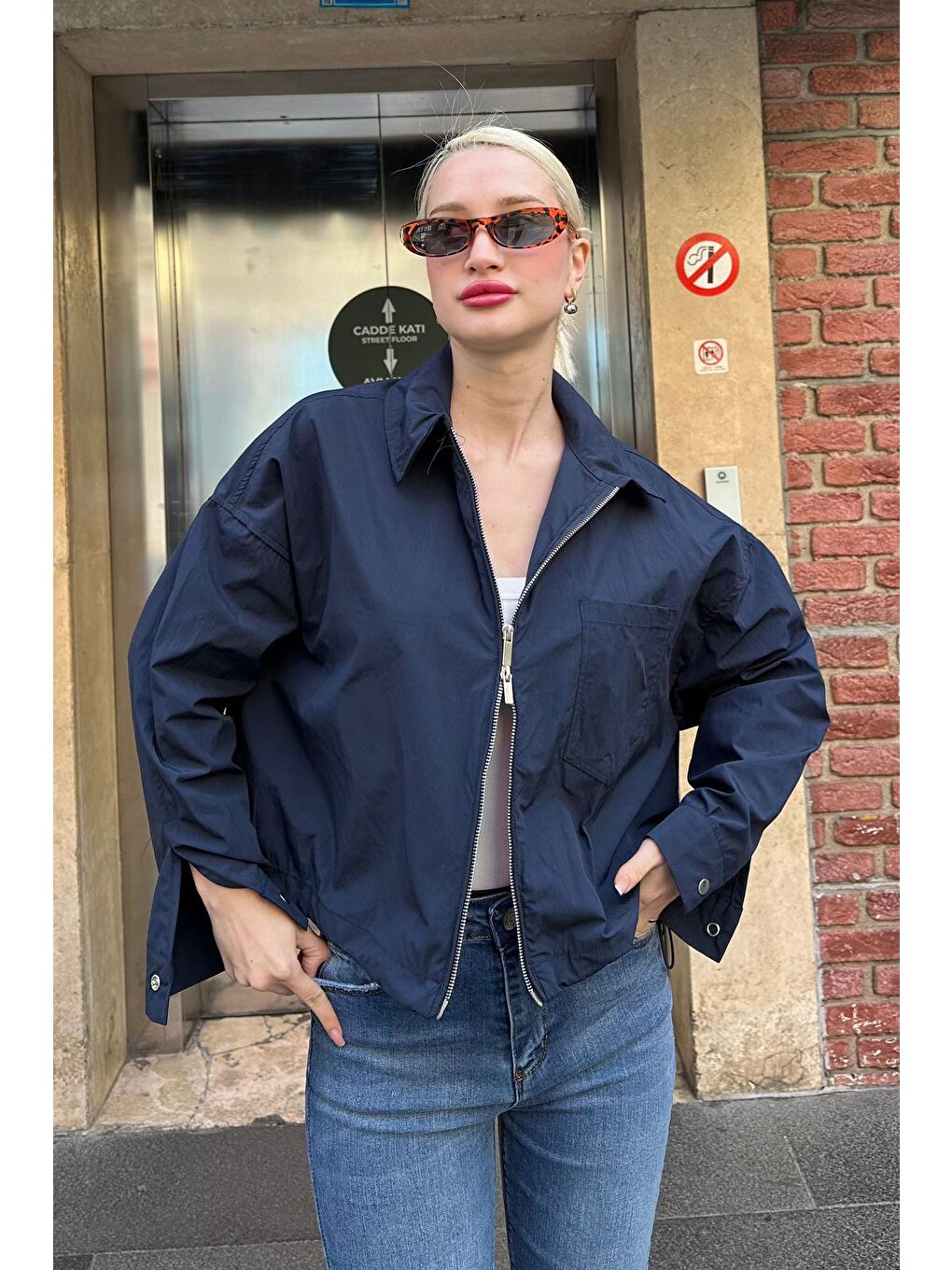 Lacivert Fermuarlı Cep Detaylı Oversize Kadın Ceket Mg2188-1