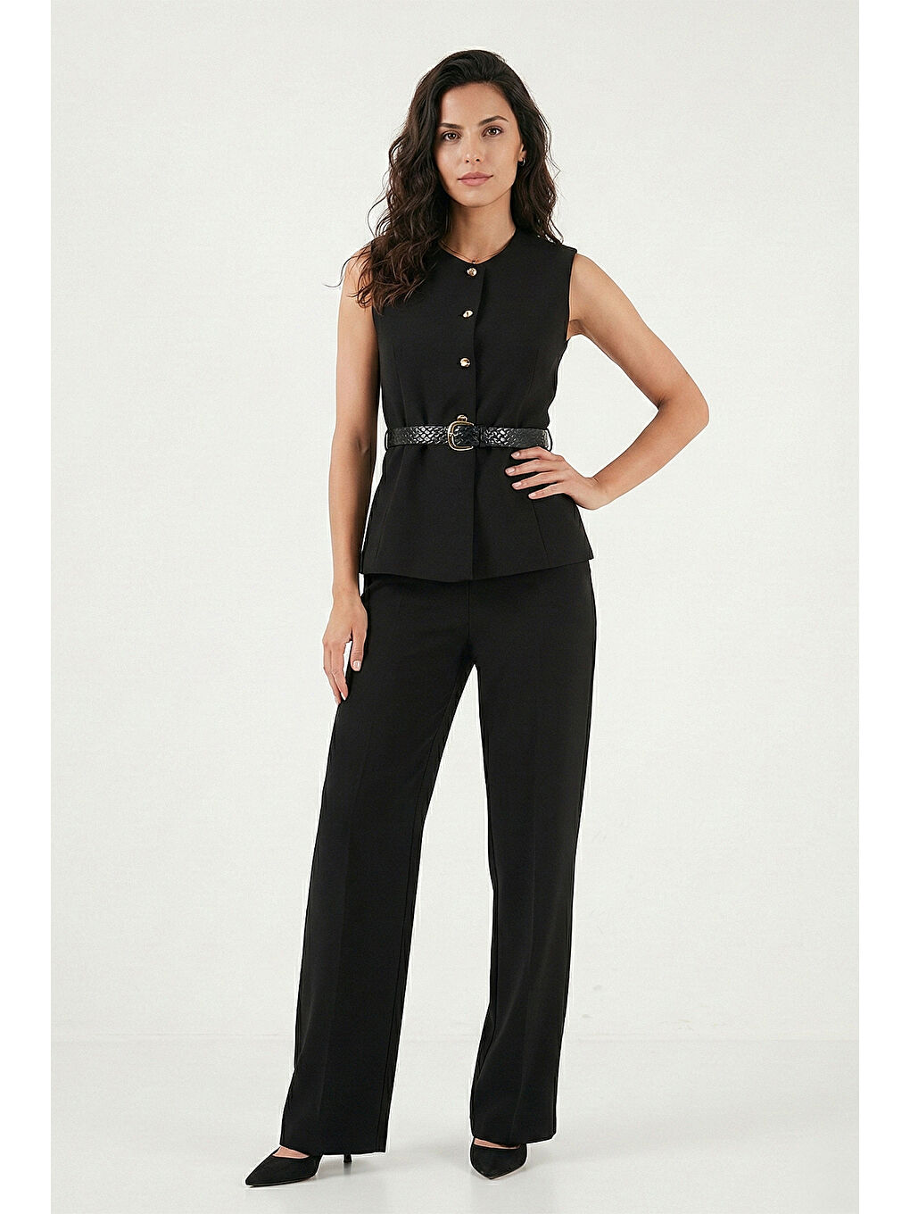 Siyah Regular Fit Düğme Kemer Detaylı Yelekli Kadın Takım 6928891-1