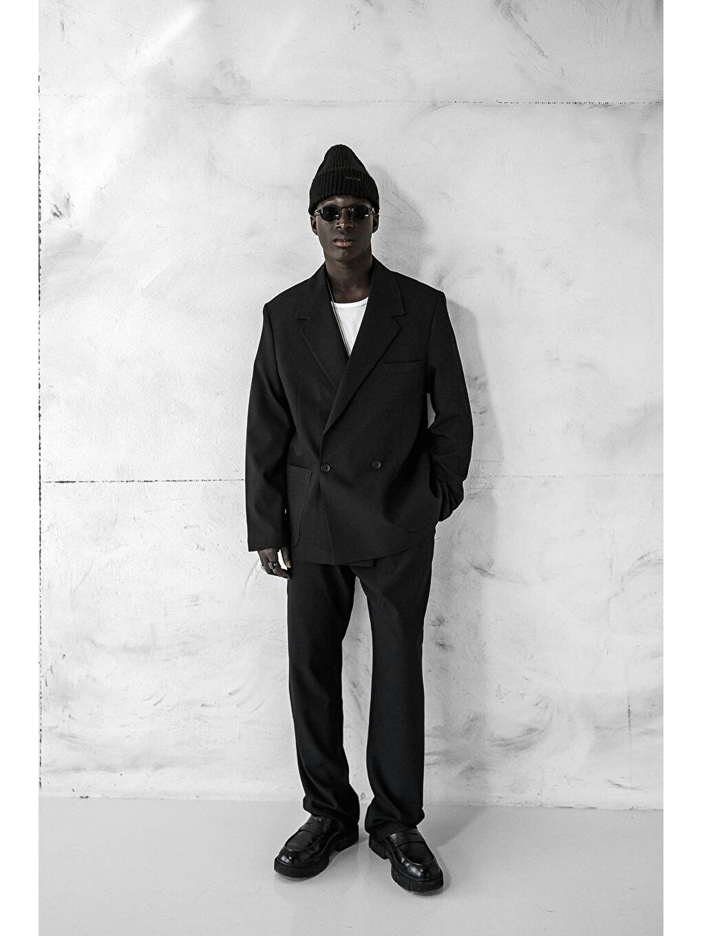 Erkek Kruvaze Düğmeli Oversize Takım Elbise Siyah