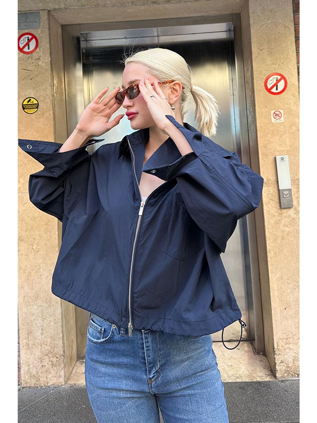 Lacivert Fermuarlı Cep Detaylı Oversize Kadın Ceket Mg2188-2