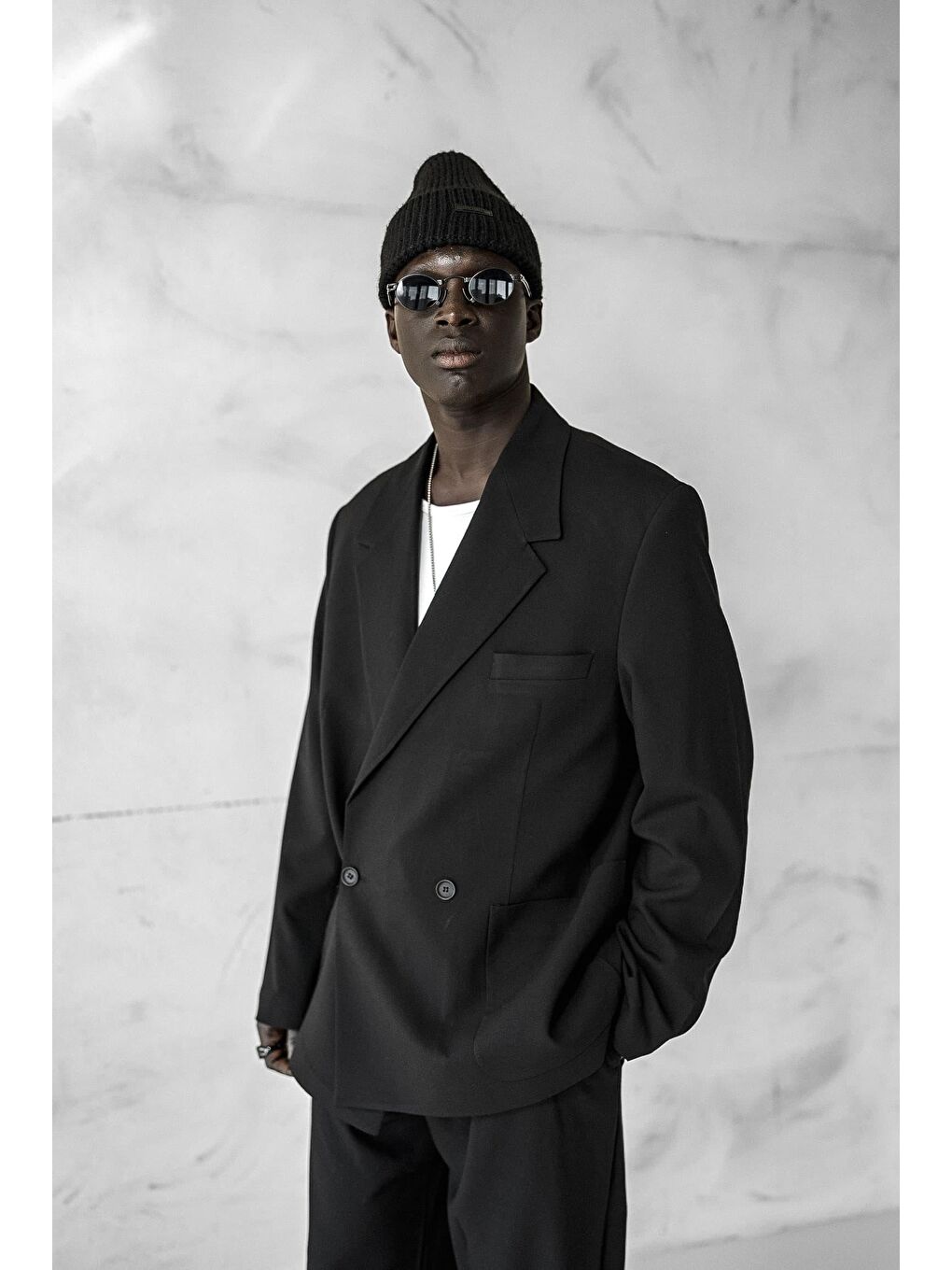 Erkek Kruvaze Düğmeli Oversize Takım Elbise Siyah-1