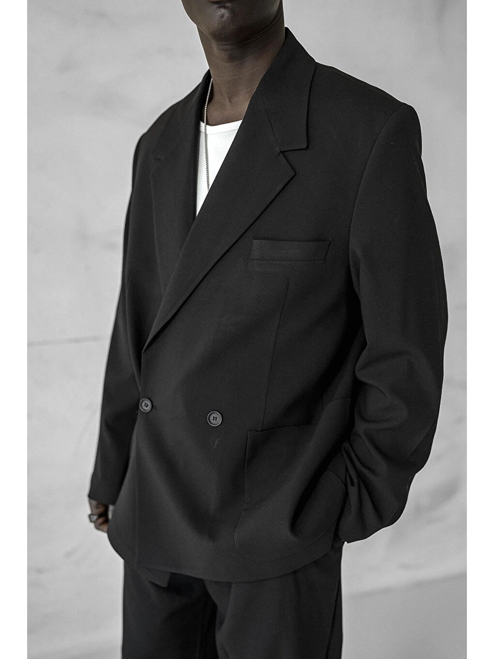 Erkek Kruvaze Düğmeli Oversize Takım Elbise Siyah-3