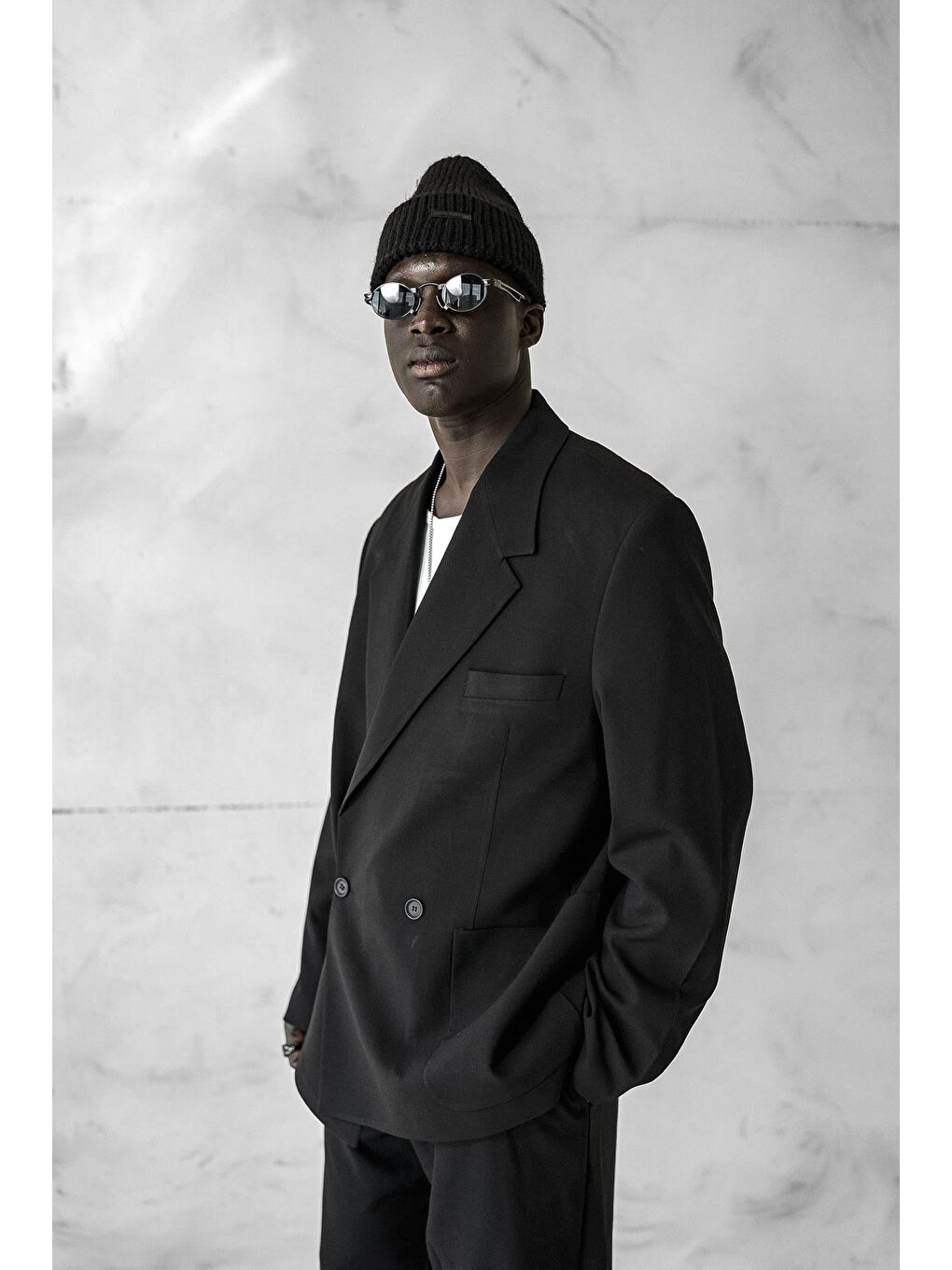 Erkek Kruvaze Düğmeli Oversize Takım Elbise Siyah-4