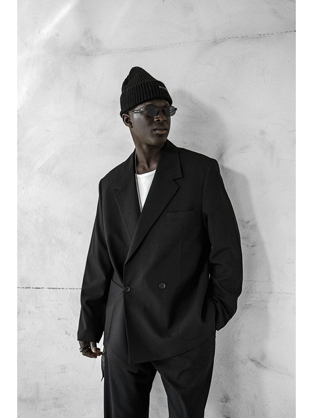 Erkek Kruvaze Düğmeli Oversize Takım Elbise Siyah-5