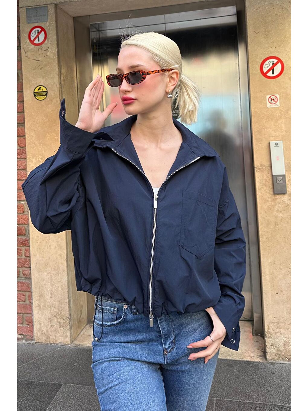 Lacivert Fermuarlı Cep Detaylı Oversize Kadın Ceket Mg2188-3