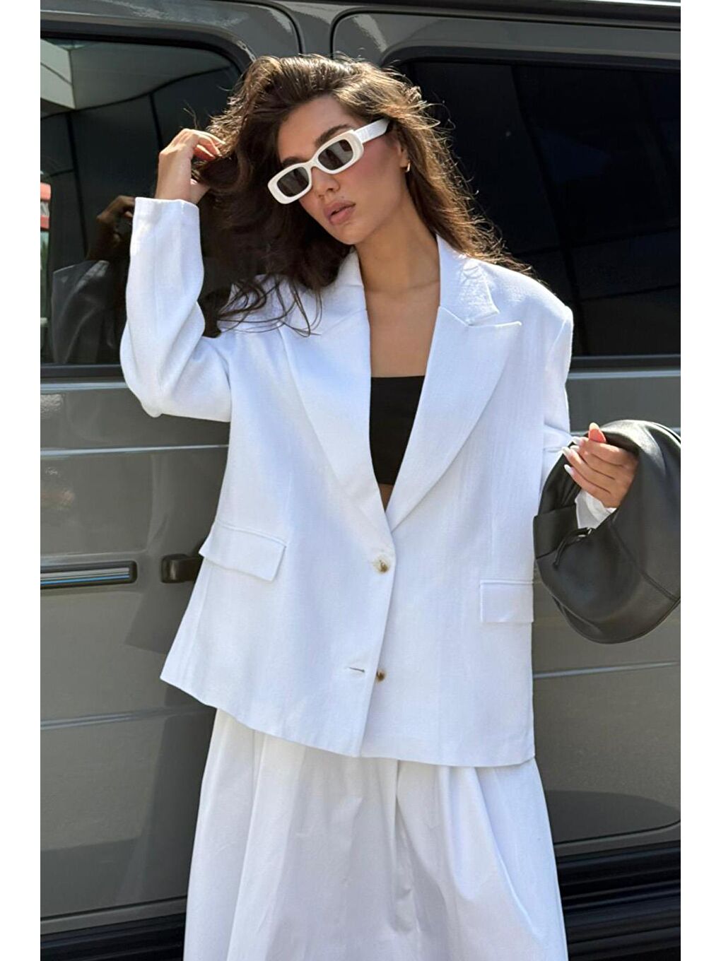Beyaz Keten Blazer Kadın Ceket Mg2443-1