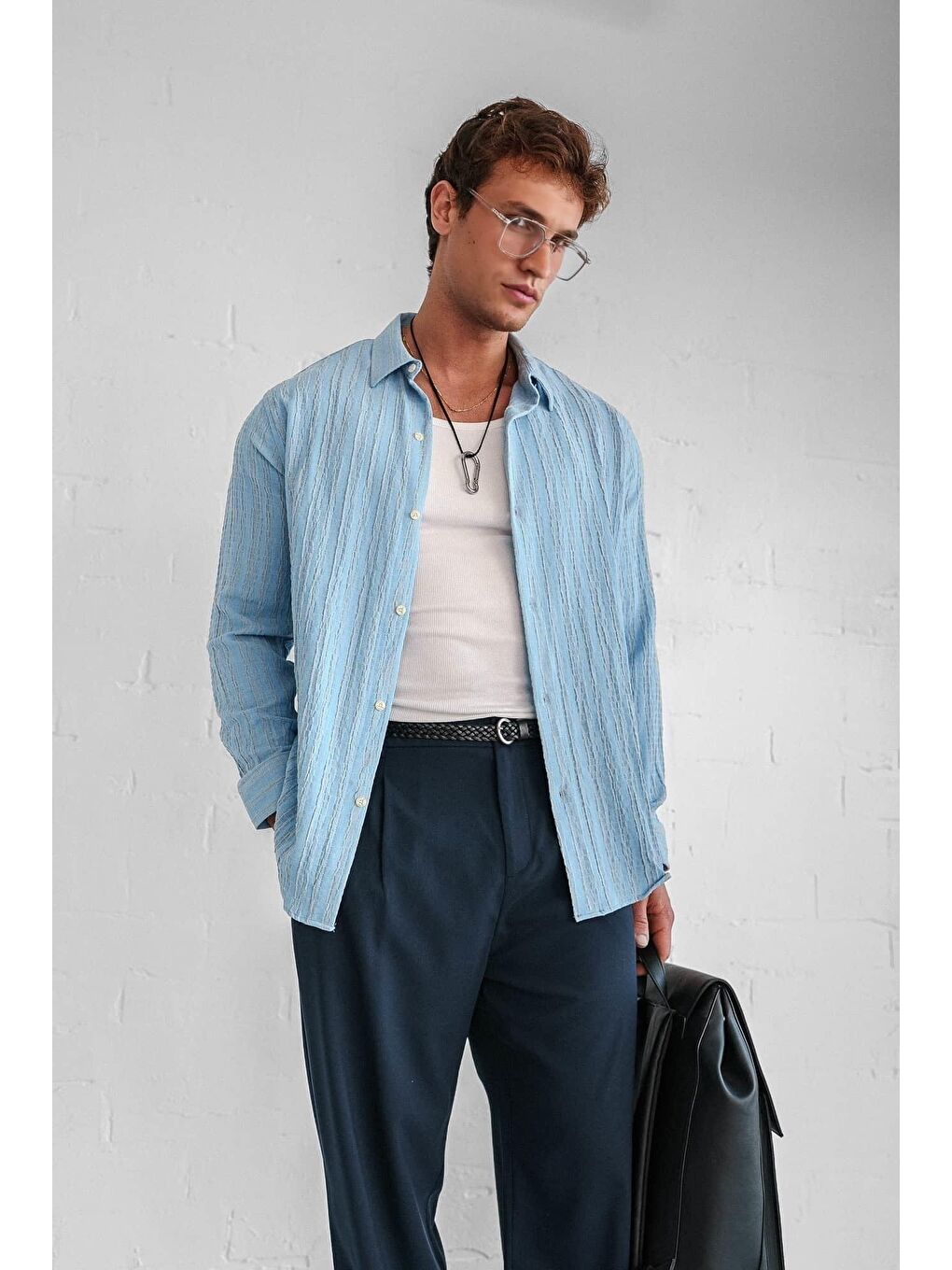 Erkek Relax Fit Rahat Kesim Gömlek Mavi-5