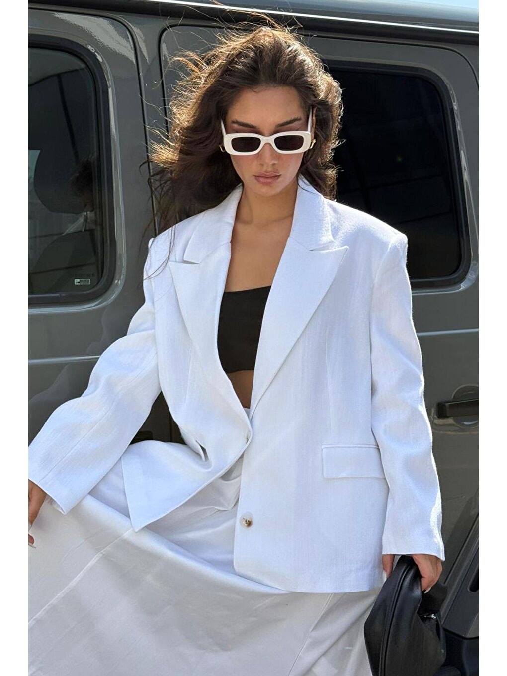 Beyaz Keten Blazer Kadın Ceket Mg2443-3
