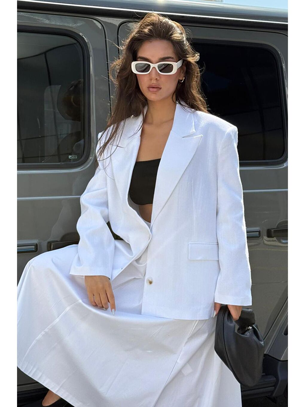 Beyaz Keten Blazer Kadın Ceket Mg2443-4