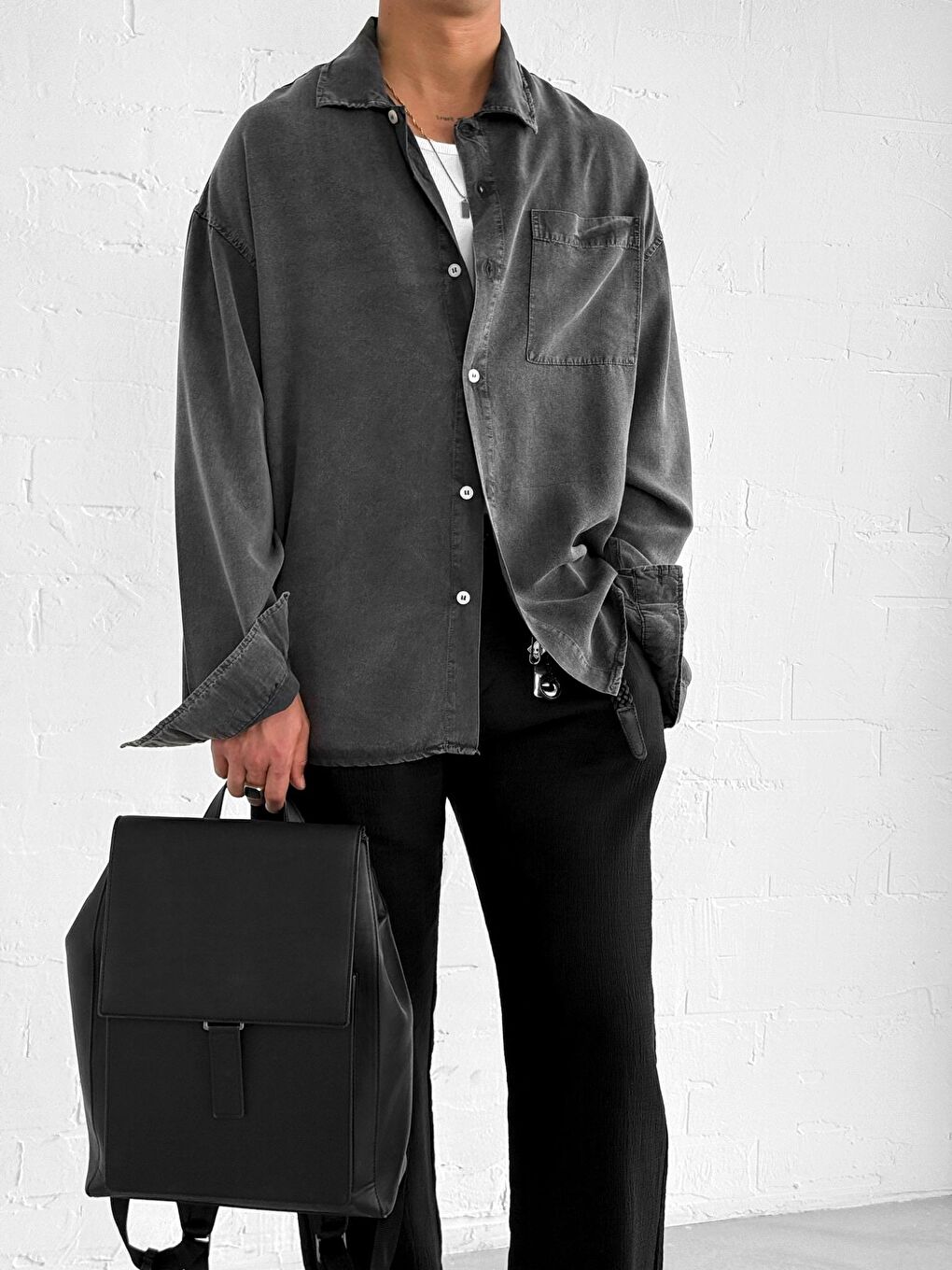 Erkek Oversize Yıkamalı Hafif Ve Nefes Alabilen Gömlek Siyah