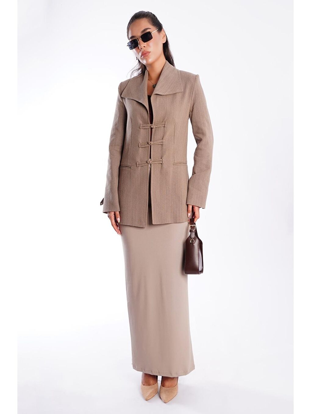 Bej Vizon Bağlama Detaylı Blazer Kadın Ceket Mg2482-5