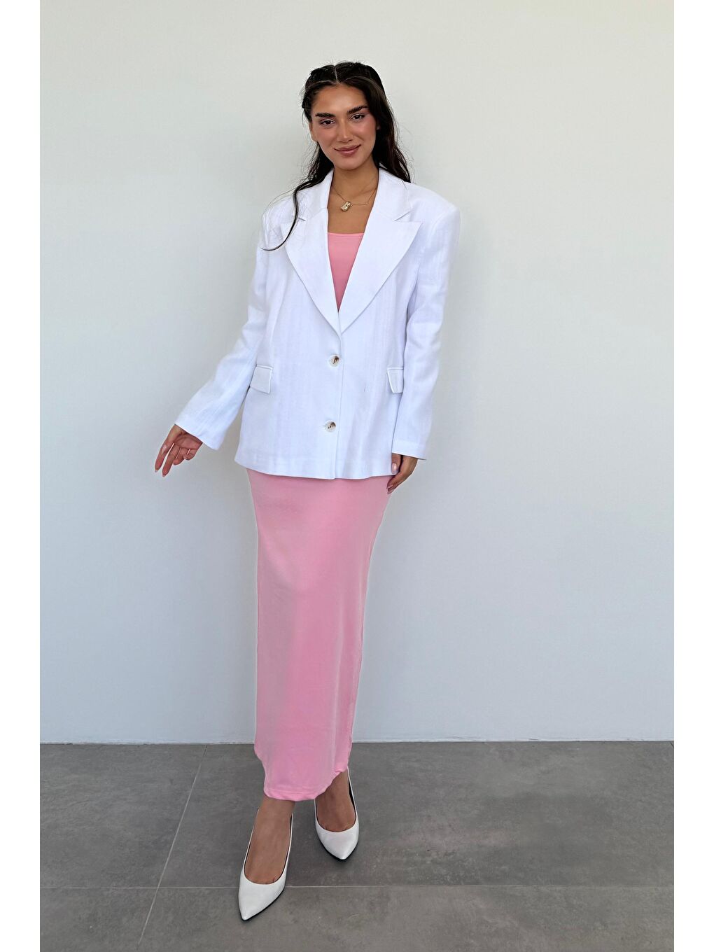 Beyaz Keten Blazer Kadın Ceket Mg2443-5