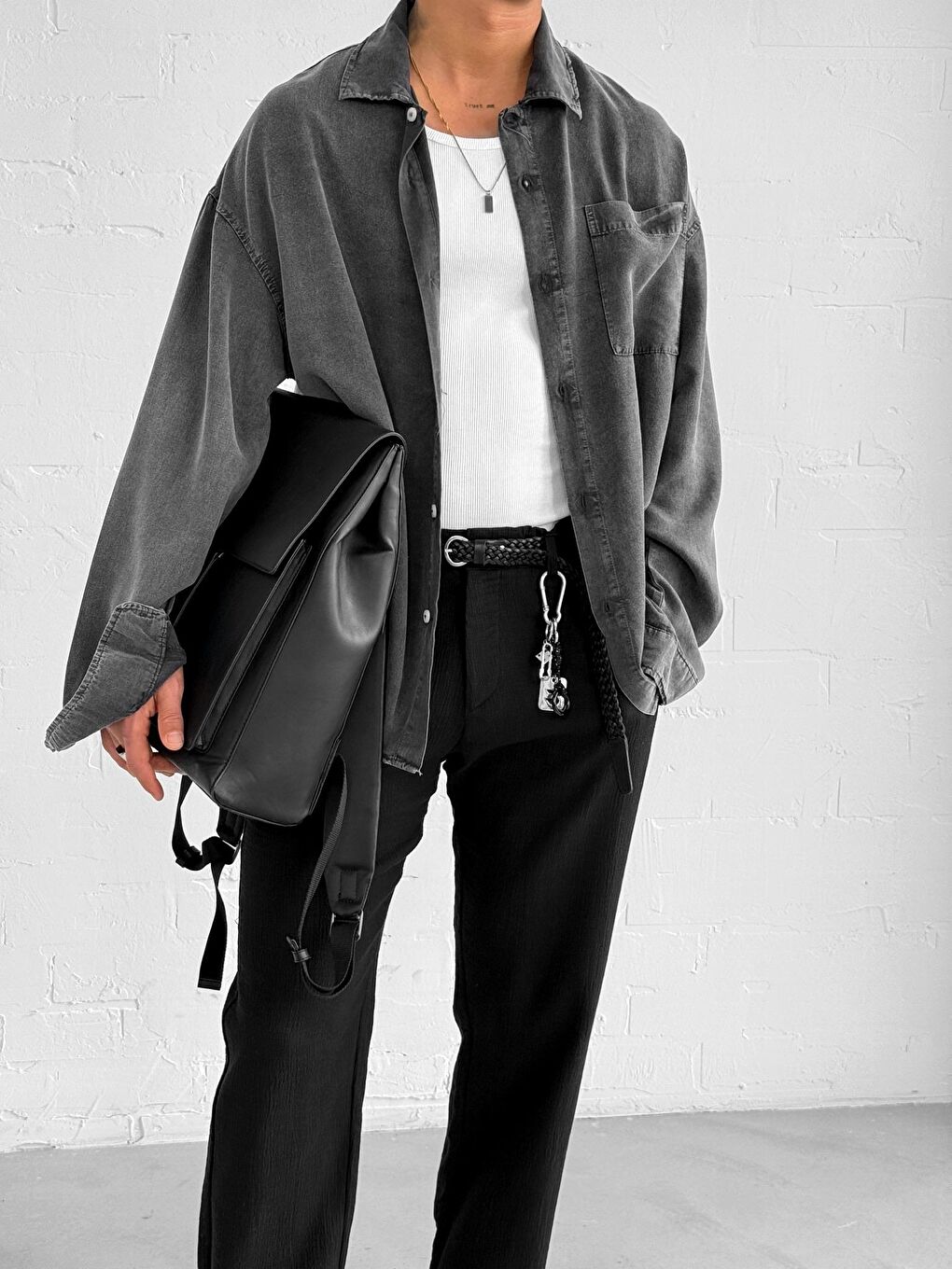 Erkek Oversize Yıkamalı Hafif Ve Nefes Alabilen Gömlek Siyah-2