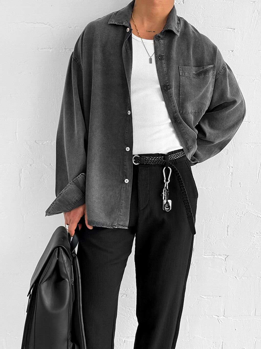 Erkek Oversize Yıkamalı Hafif Ve Nefes Alabilen Gömlek Siyah-3