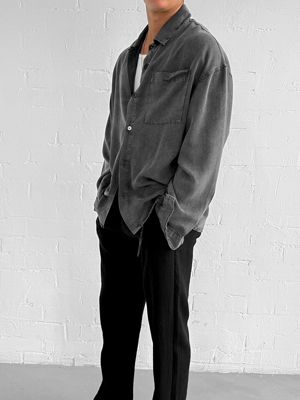 Erkek Oversize Yıkamalı Hafif Ve Nefes Alabilen Gömlek Siyah-4