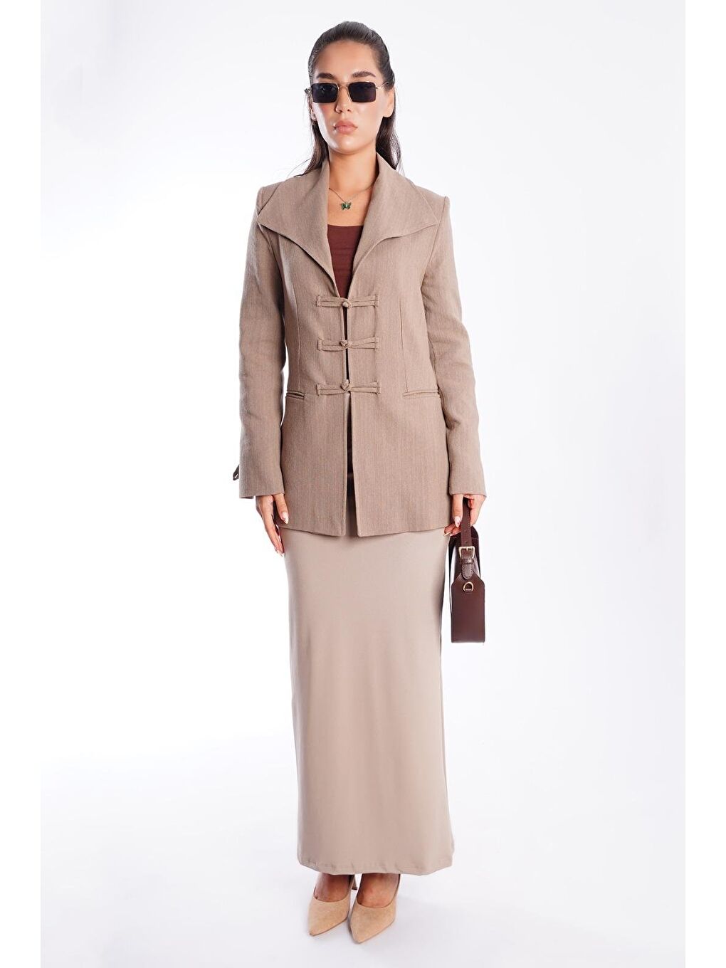Bej Vizon Bağlama Detaylı Blazer Kadın Ceket Mg2482-6