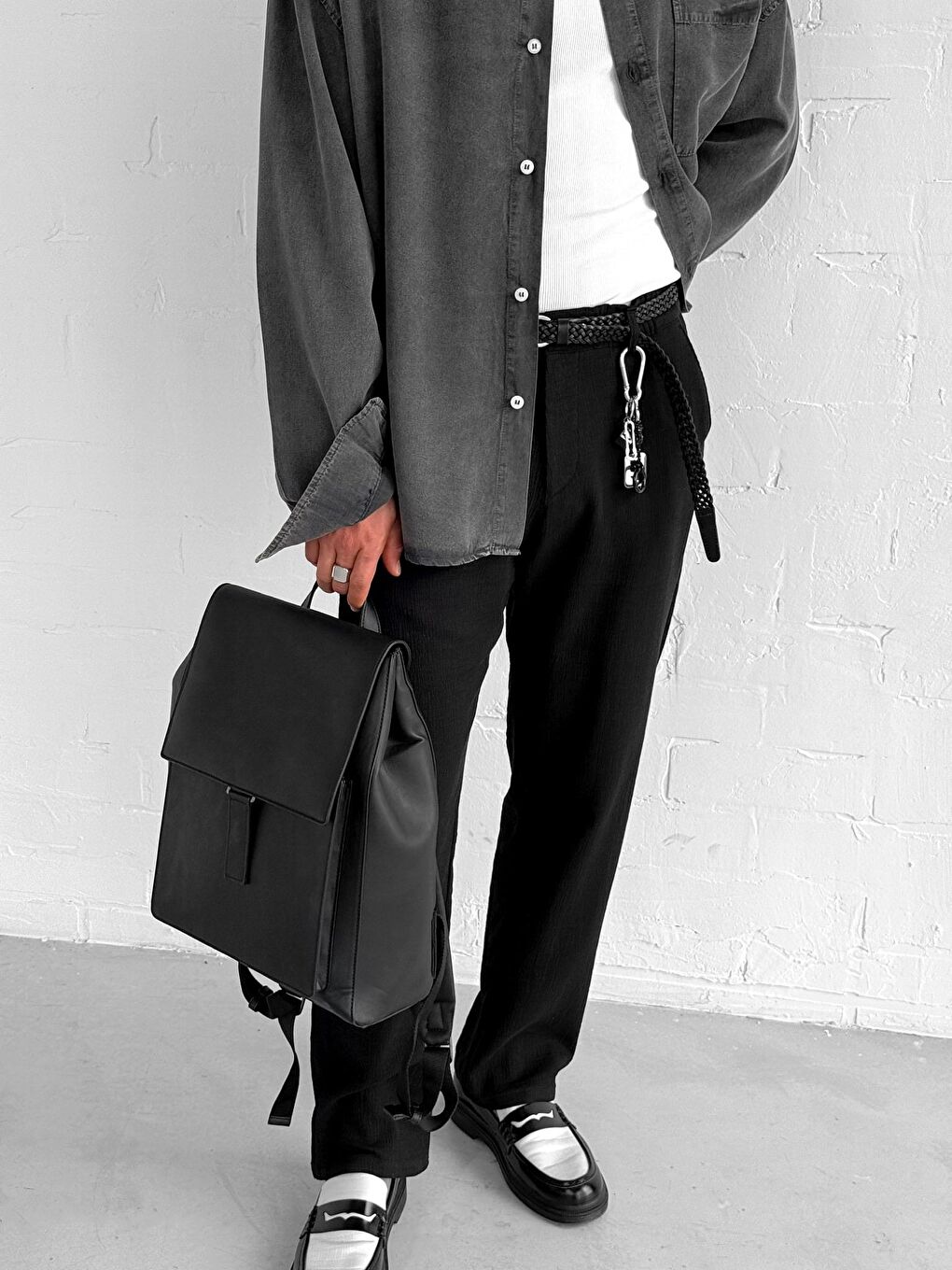 Erkek Oversize Yıkamalı Hafif Ve Nefes Alabilen Gömlek Siyah-5