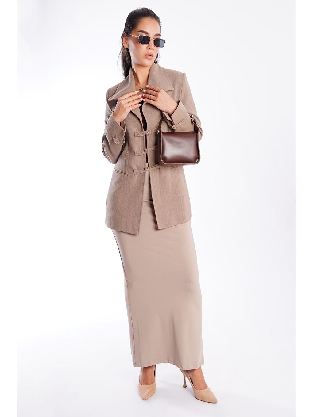 Bej Vizon Bağlama Detaylı Blazer Kadın Ceket Mg2482-7