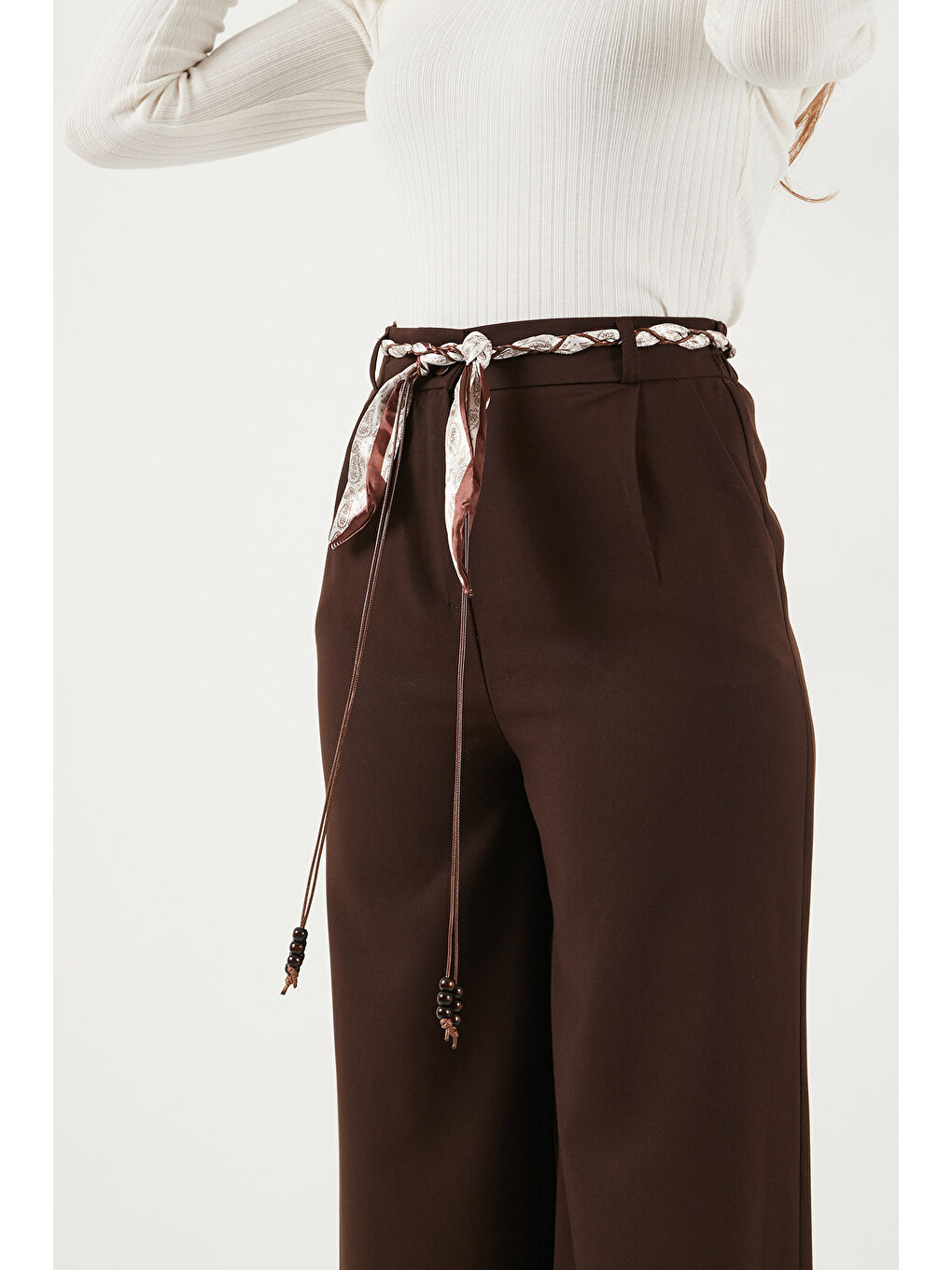 Kahverengi Regular Fit Yüksek Bel Düz Paça Fular Kemerli Kadın Pantolon 6923860-5