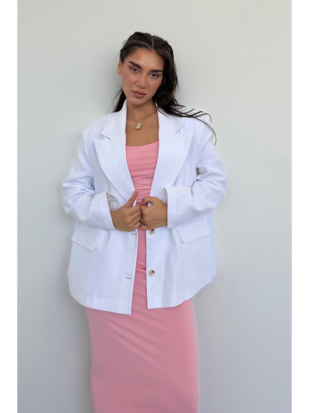 Beyaz Keten Blazer Kadın Ceket Mg2443-6