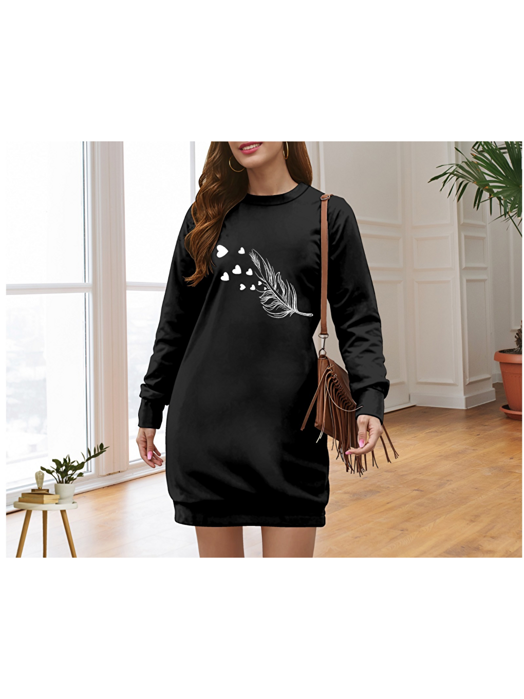 Siyah Kadın Uzun Kollu Bisiklet Yaka Desenli Viskon Iki Iplik Elbise-1