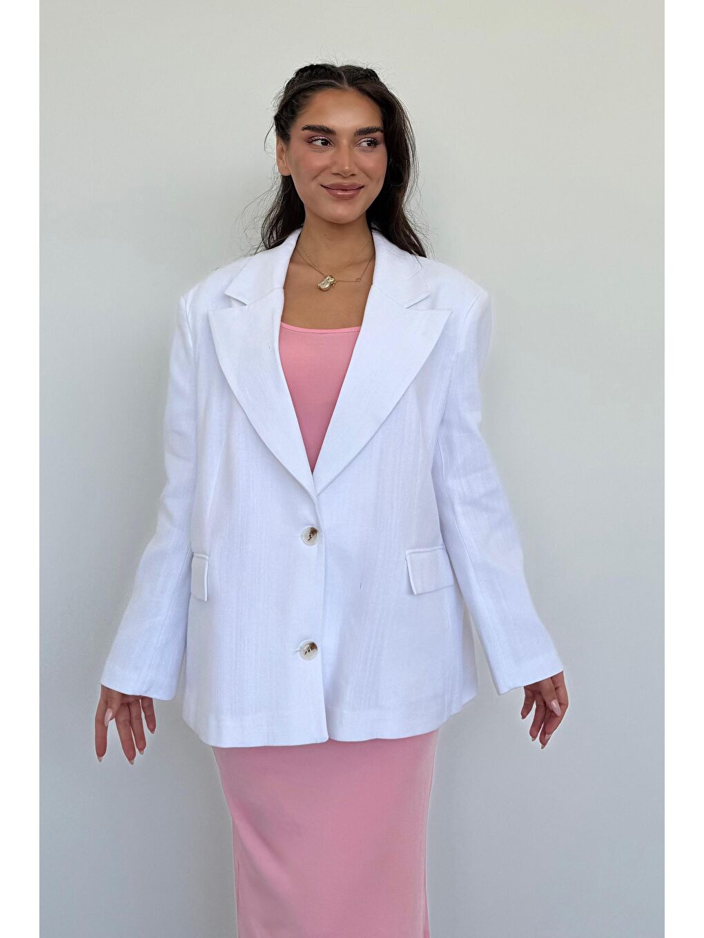 Beyaz Keten Blazer Kadın Ceket Mg2443-7