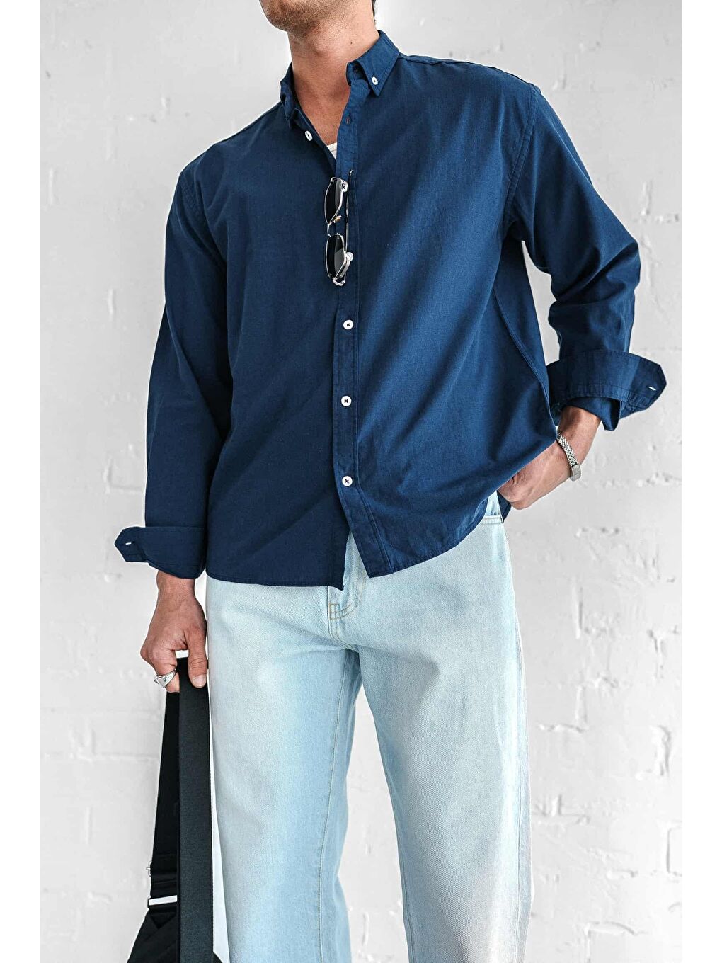 Erkek Relax Fit Rahat Kesim İnce Gömlek Lacivert-1