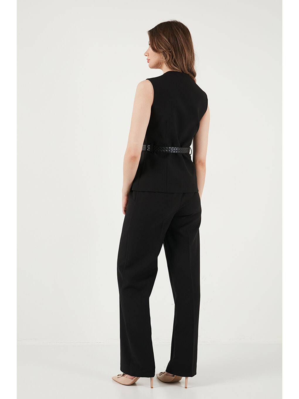 Siyah Regular Fit Düğme Kemer Detaylı Yelekli Kadın Takım 6928891-6