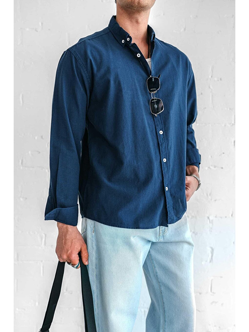 Erkek Relax Fit Rahat Kesim İnce Gömlek Lacivert-2