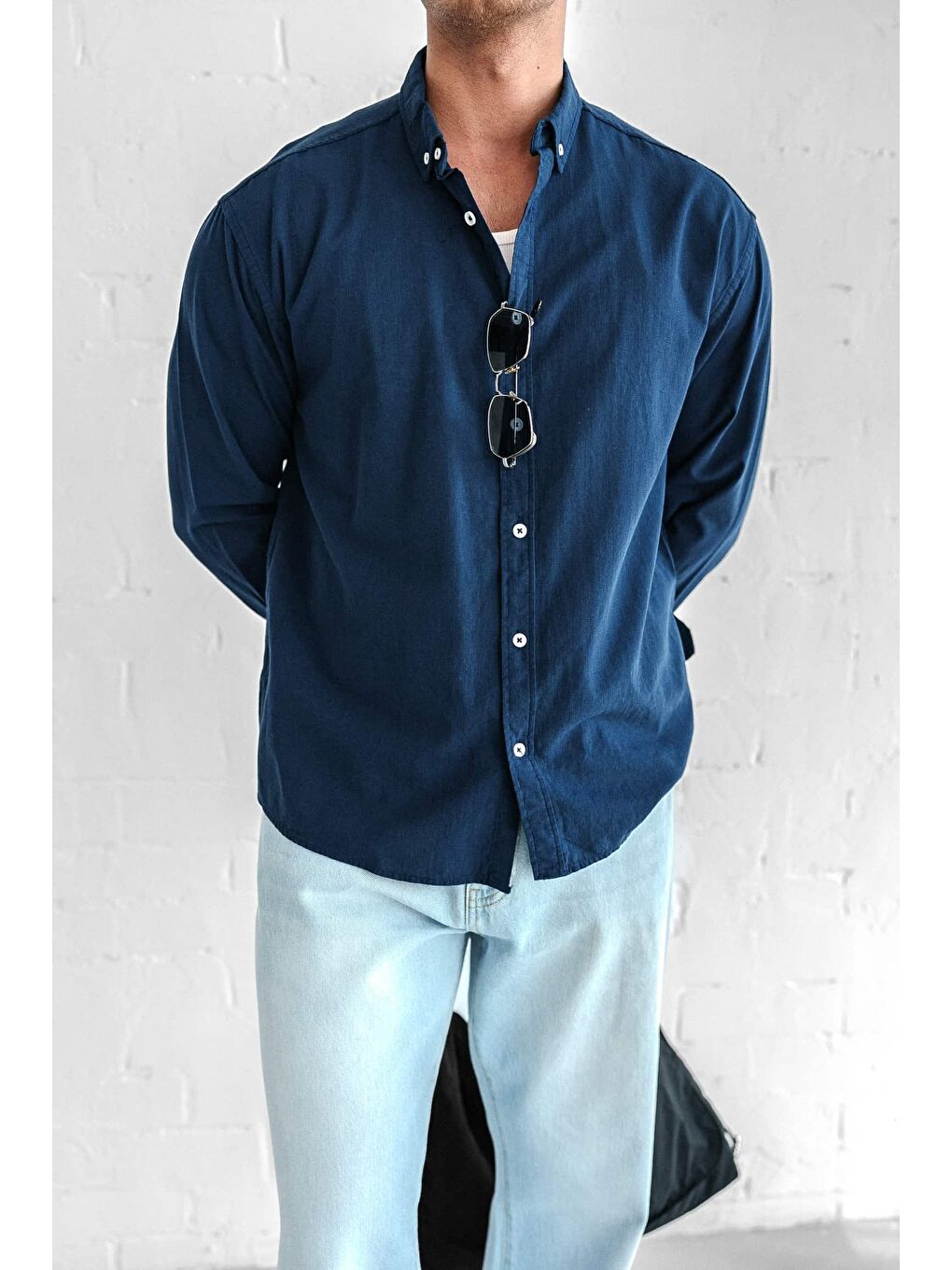 Erkek Relax Fit Rahat Kesim İnce Gömlek Lacivert-3