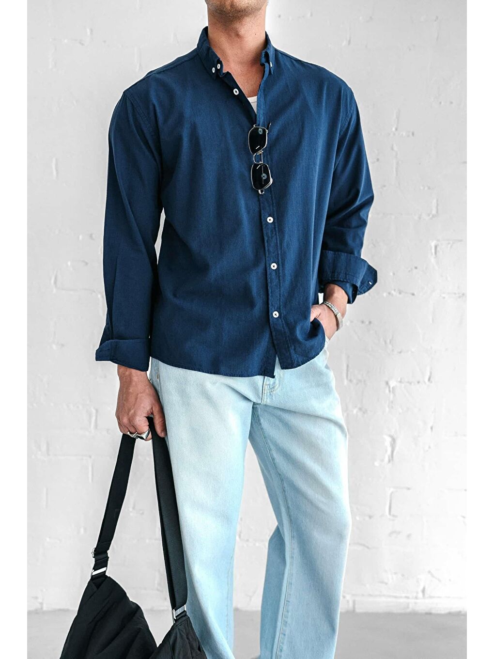 Erkek Relax Fit Rahat Kesim İnce Gömlek Lacivert-5
