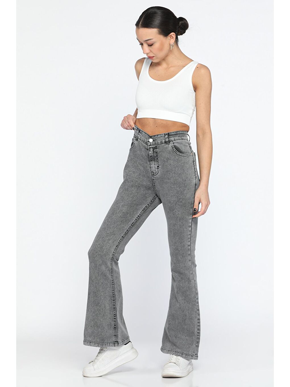 Antrasit Yüksek Bel İspanyol Paça Elastanlı Kadın  Jean Pantolon-1