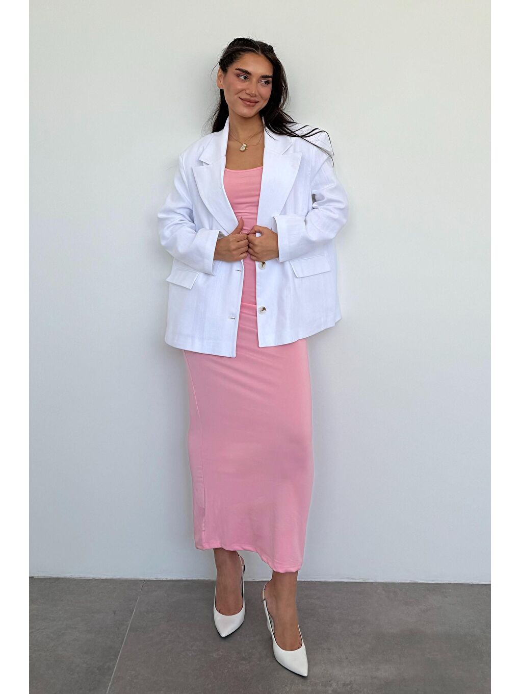 Beyaz Keten Blazer Kadın Ceket Mg2443-8