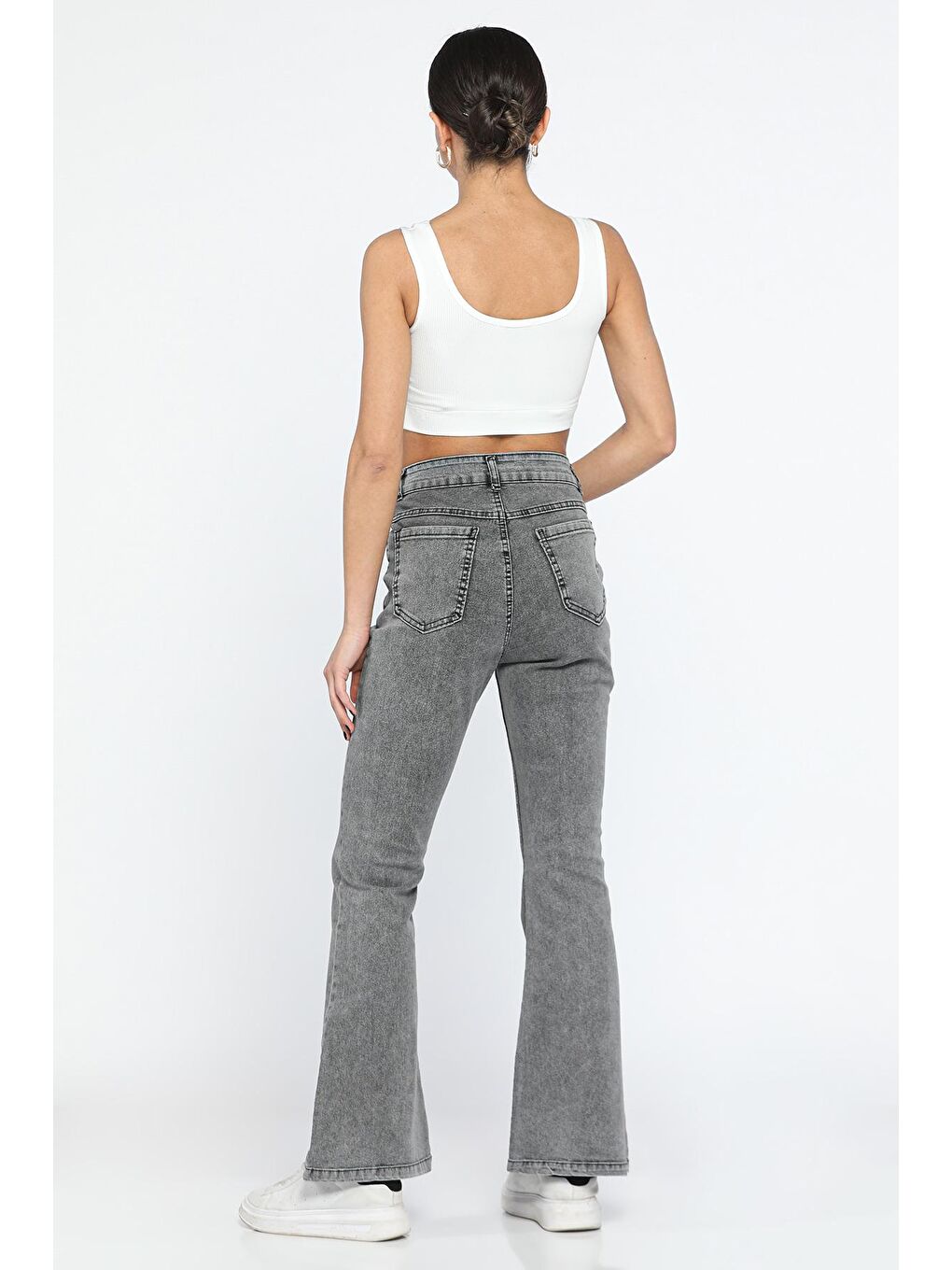 Antrasit Yüksek Bel İspanyol Paça Elastanlı Kadın  Jean Pantolon-2