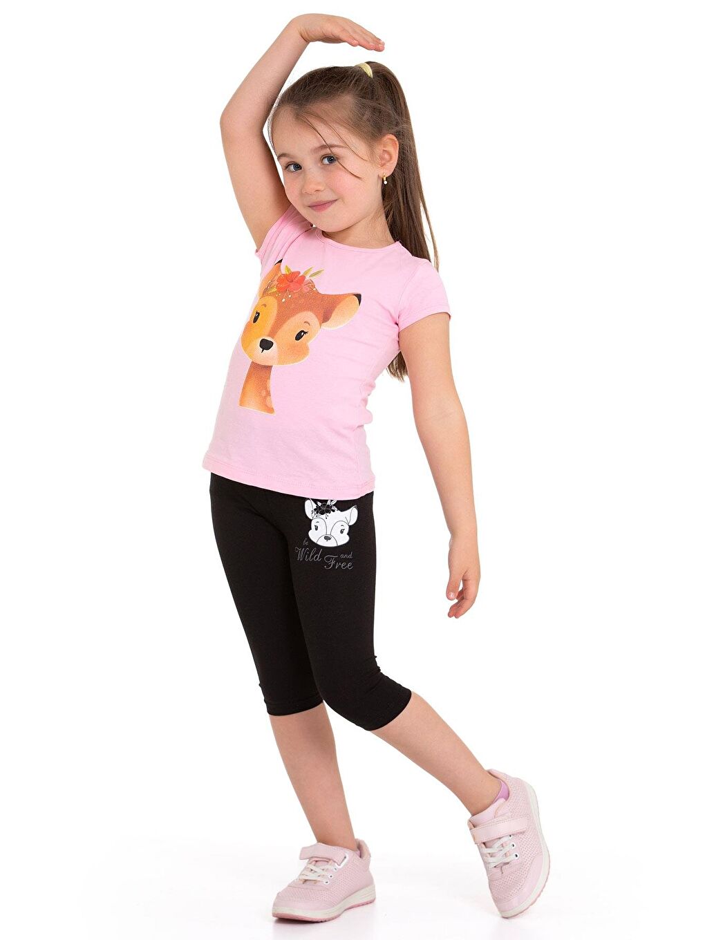 Pembe Ceylan Baskılı Açık Pudra Renk Kız Çocuk Taytlı Takım-1