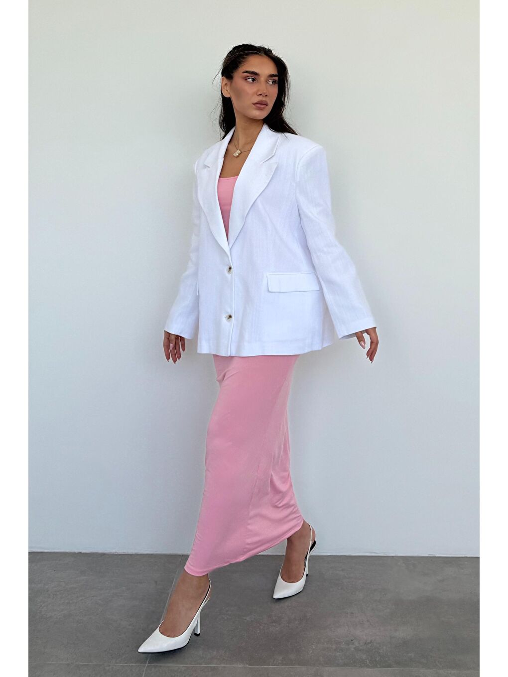 Beyaz Keten Blazer Kadın Ceket Mg2443-9