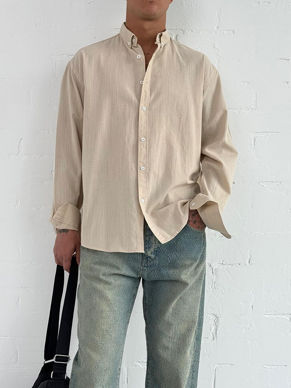 Erkek Relax Fit Rahat Kesim İnce %100 Pamuk Gömlek Bej