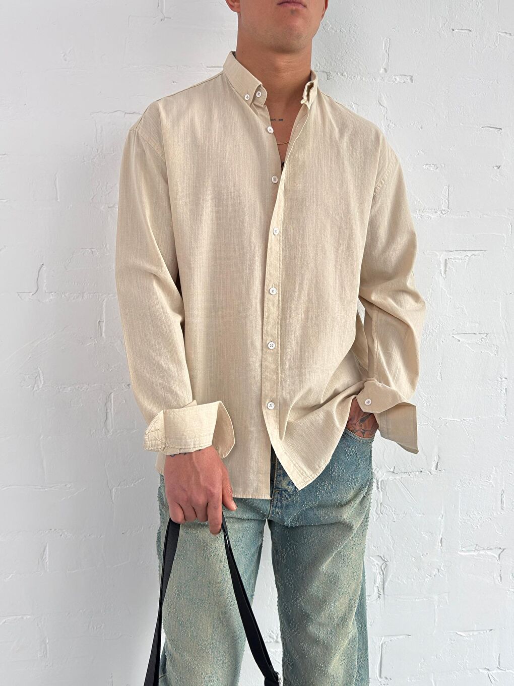 Erkek Relax Fit Rahat Kesim İnce %100 Pamuk Gömlek Bej-1