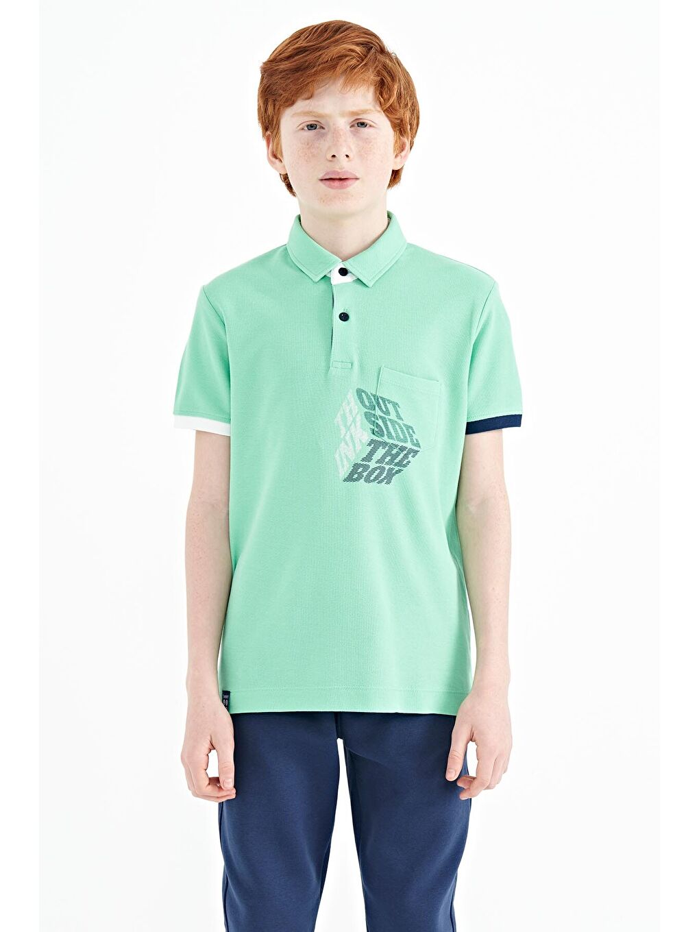 Turkuaz Su Yeşili Ön Cep Detaylı Baskılı Standart Kalıp Polo Yaka Erkek Çocuk Tişört - 11102