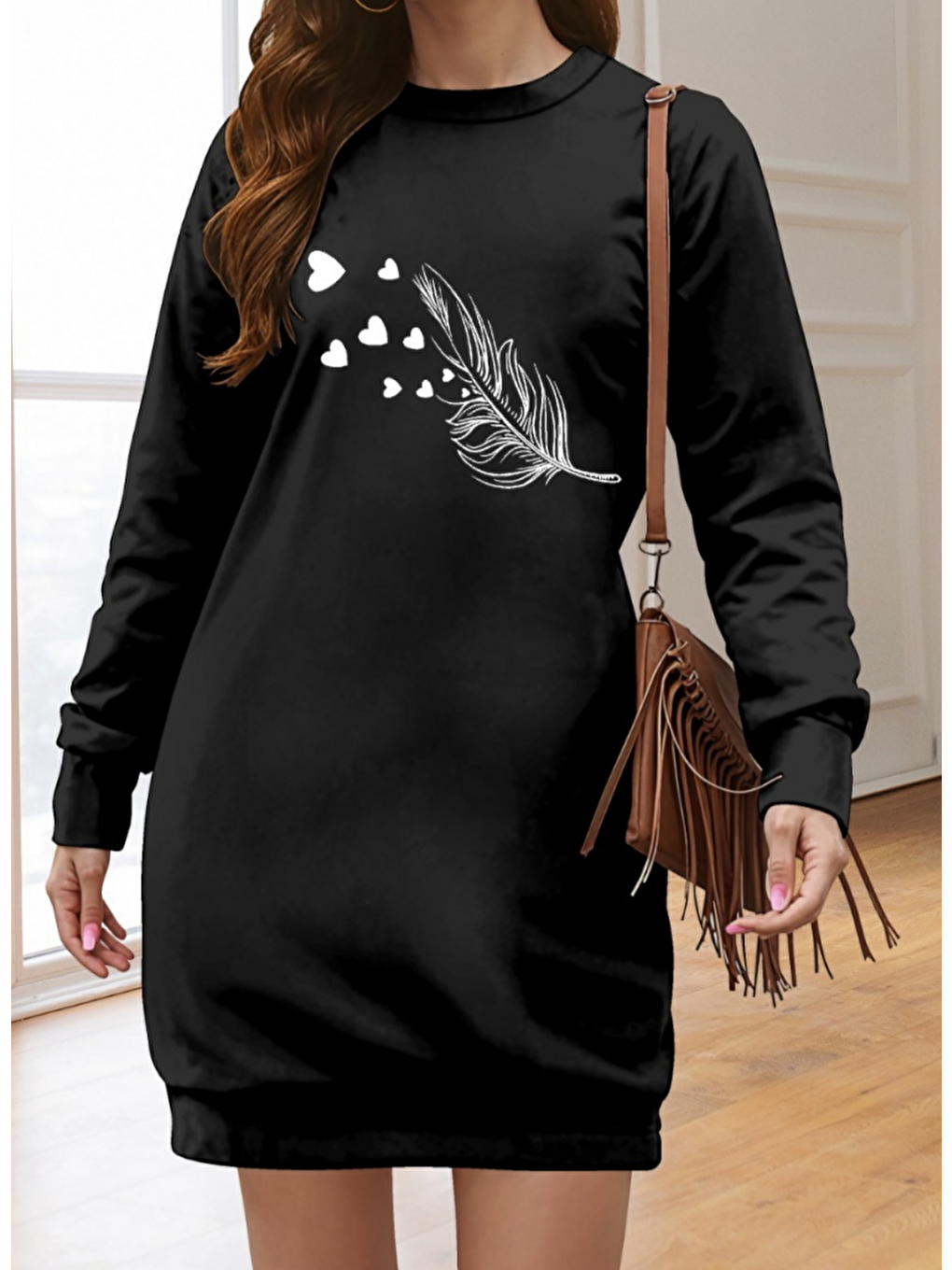 Siyah Kadın Uzun Kollu Bisiklet Yaka Desenli Viskon Iki Iplik Elbise-2