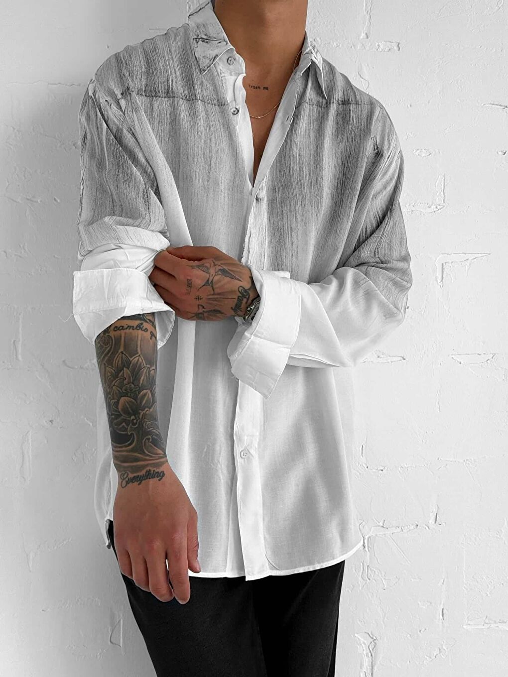 Erkek Uzun Kollu Desenli Oversize Gömlek Ekru-1