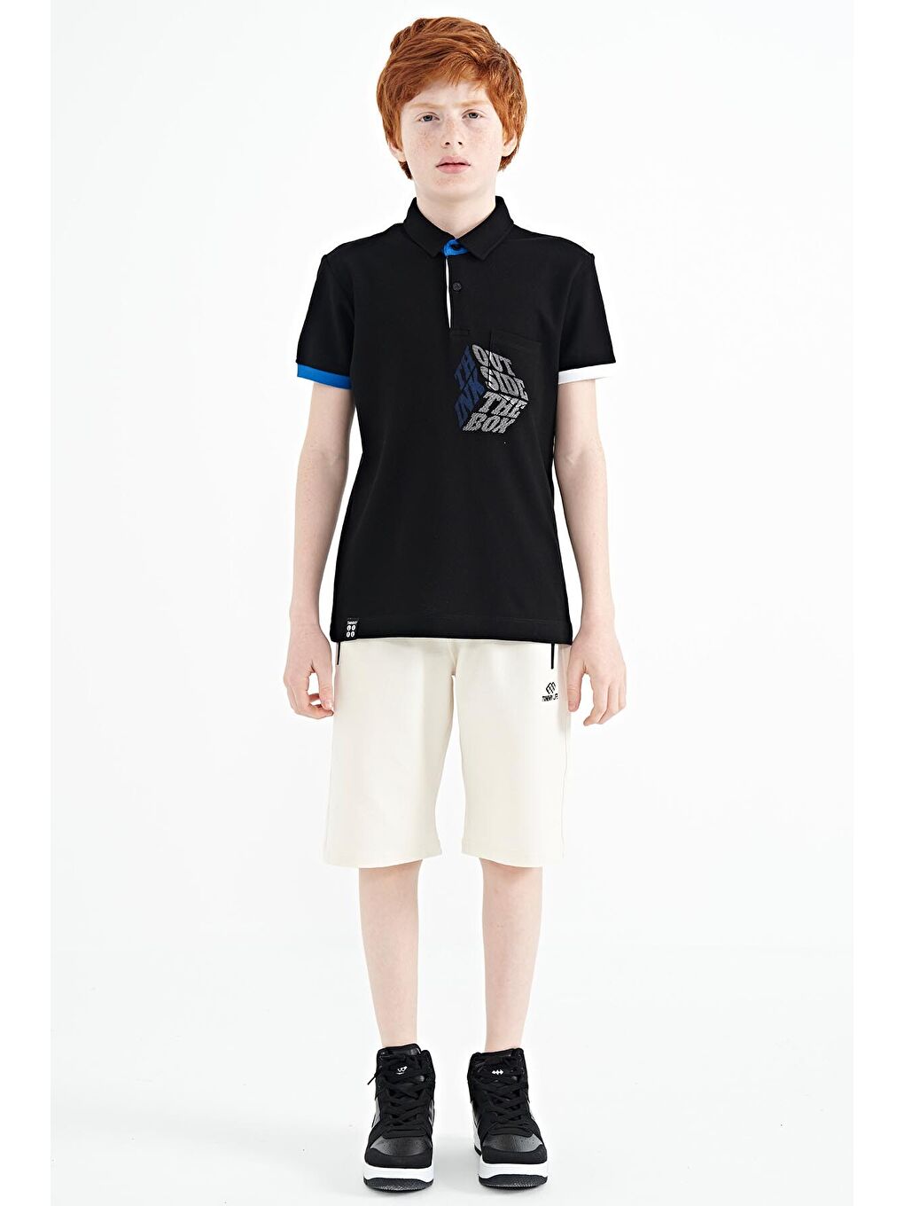Siyah Ön Cep Detaylı Baskılı Standart Kalıp Polo Yaka Erkek Çocuk Tişört - 11102-1