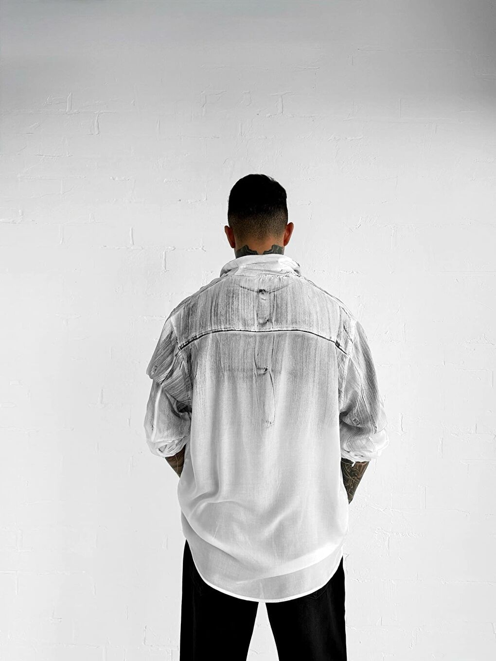 Erkek Uzun Kollu Desenli Oversize Gömlek Ekru-2