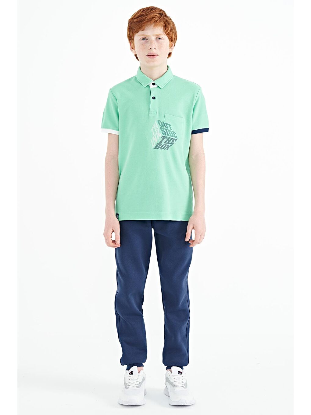 Turkuaz Su Yeşili Ön Cep Detaylı Baskılı Standart Kalıp Polo Yaka Erkek Çocuk Tişört - 11102-1