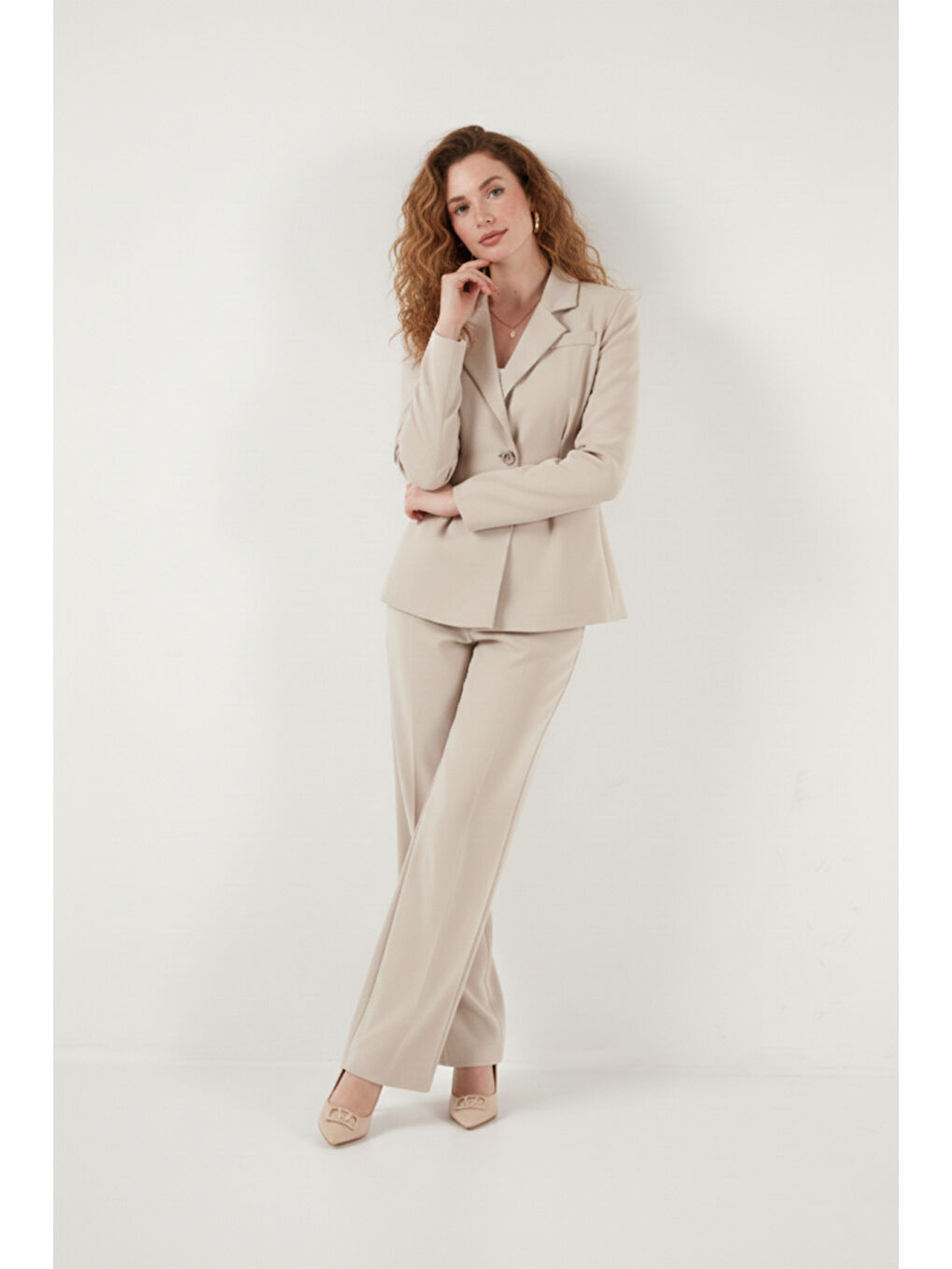 Bej Slim Fit Kruvaze Yaka Pileli Bele Oturan Kadın Takım 6928884-4